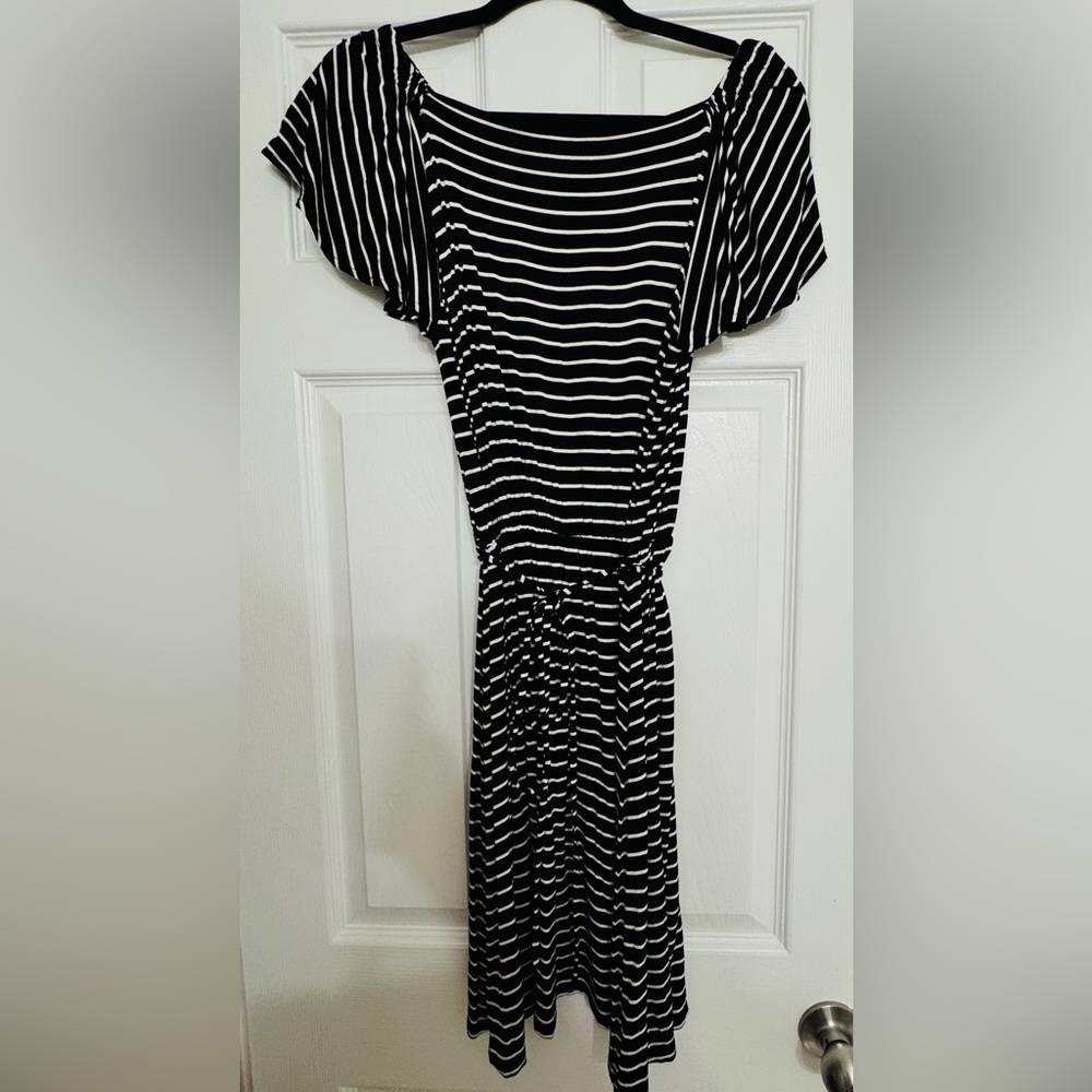 LOFT Black & White Striped Midi Dress